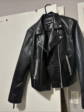 Steve Madden Black Faux Leather Moto Jacket with Silver Zippers
